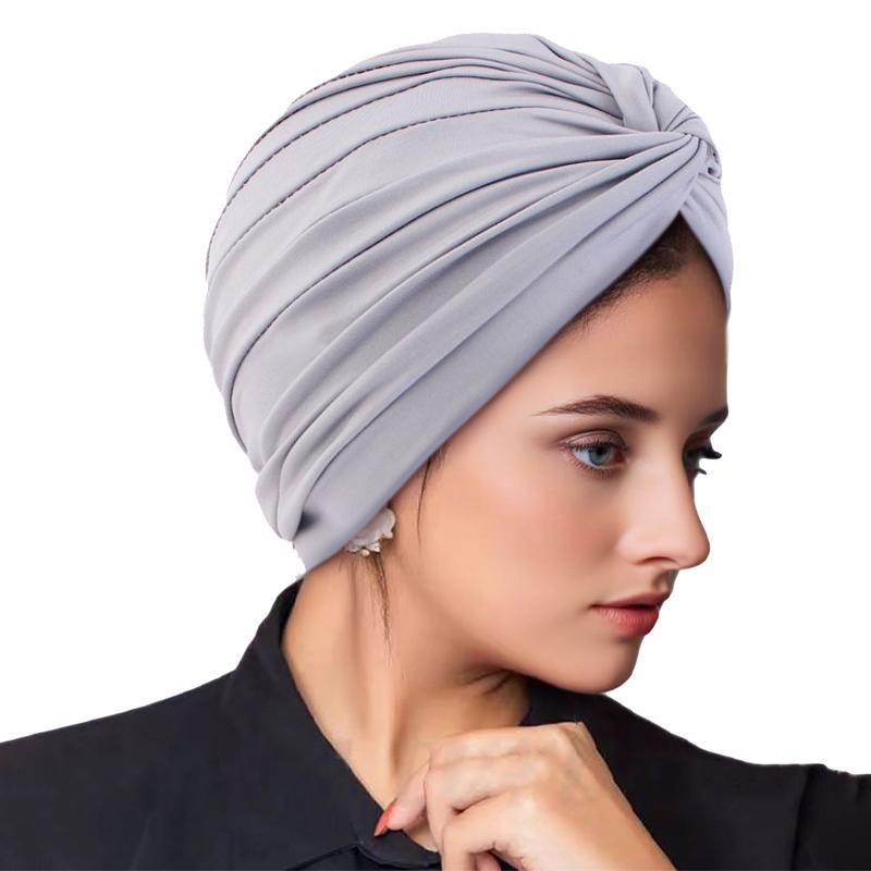 

Новые женские эластичные тюрбаны с перекрутом и плиссировкой, мусульманские шапочки-бини для химиотерапии при раке, головные уборы, шапка для сна One Size серый