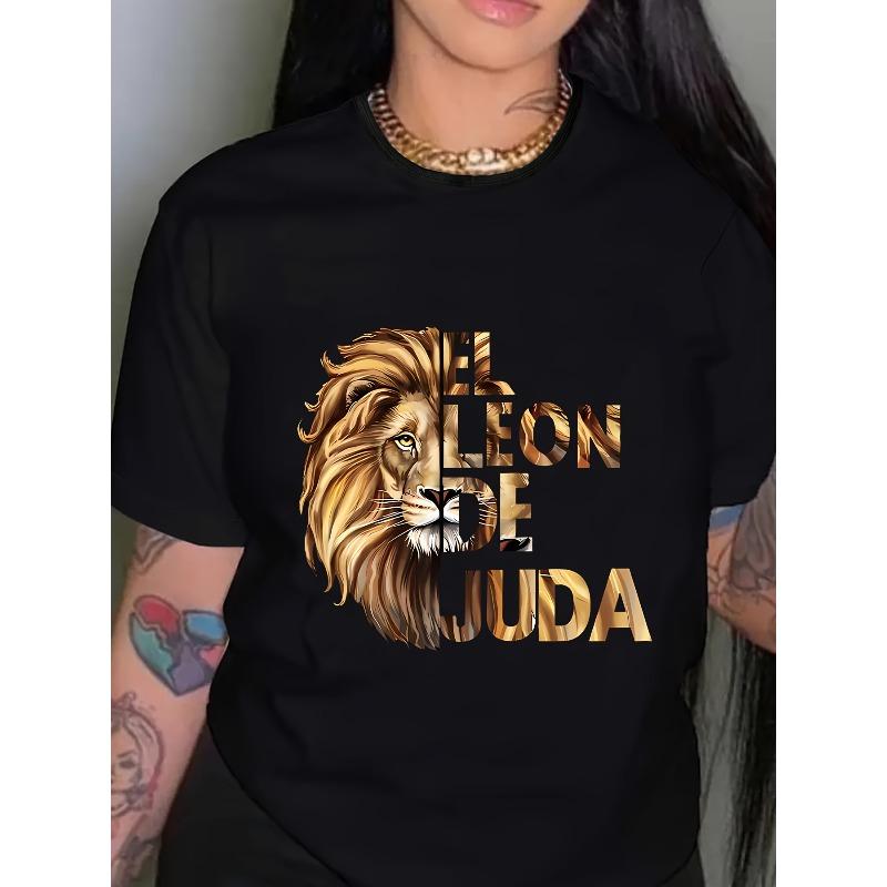 

European size 1pc Women S Casual Crew Neck T-Shirt with Golden Lion & Letter Print, Slight Stretch Knit Fabric, All-Season Polyester Top in Black 4XL