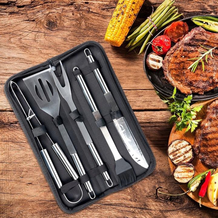 Akcesoria Sztućce Do Grillowania W Etui Z Rączką Przybory 5 Sztuk Ze Stali