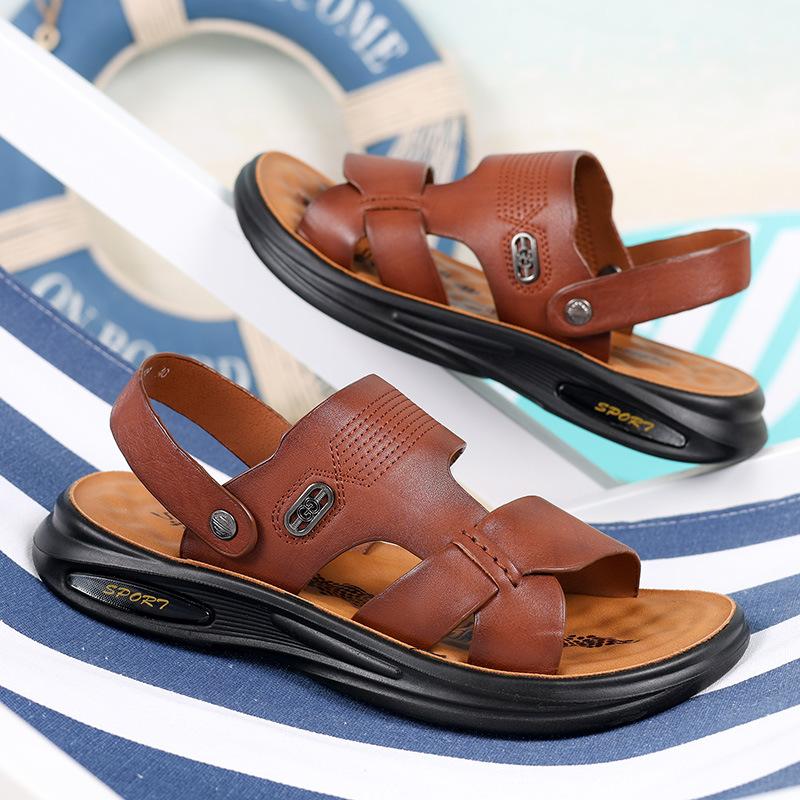 Summer New First-layer Cowhide Men's Casual Beach Shoes Middle-aged and Elderly Leather Slippers Open-toed Dad Sandals 2025