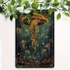 Vintage Metal Poster Dark Green Gold Jellyfish 12x8 In for Living Room Wall Art