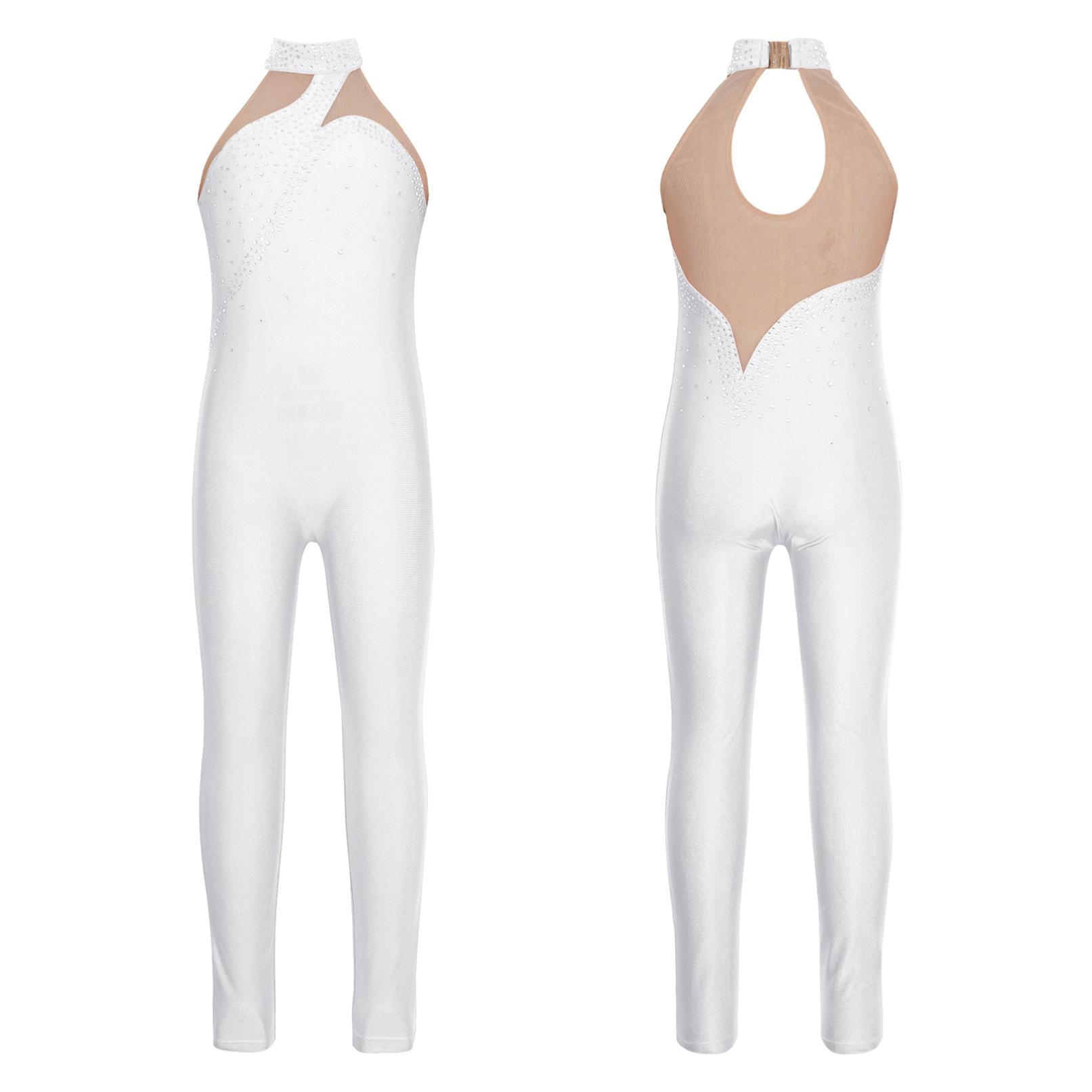 Niños Niñas Gimnasia Leotardo Entrenamiento Danza Mono Sin Mangas Sheer Mesh Patchwork Patinaje Mono 13-14 Years blanco