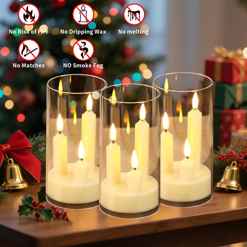 Flammenlose 3-in-1 LED Stabkerzen mit 15 cm Lampenschirm, batteriebetrieben, flackernde elektrische Fensterkerzen für Weihnachten, Hochzeit