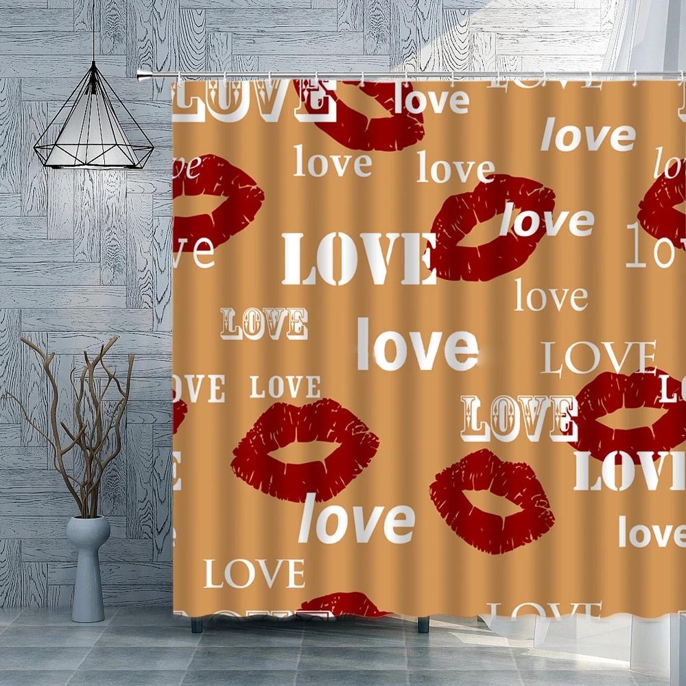 Love and Hearts Design Shower Curtain Set Retro Off-white Home Decor Bath Curtain Abstract Colorful Pattern Polyester with Hooks