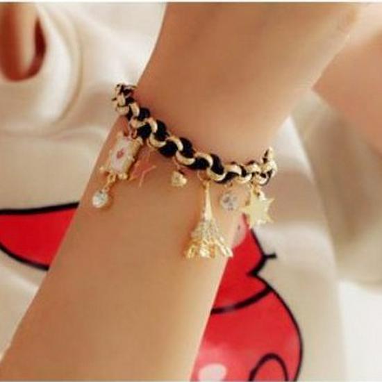 E053 European & American Braided Leather Bracelet with Iron Tower, Star, and Flower Charms