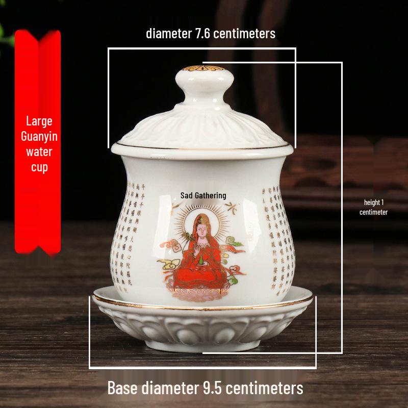 Coppa per Acqua per Altare Buddista in Ceramica di Loto con Mantra della Grande Compassione - Tazza per Offerte a Guanyin