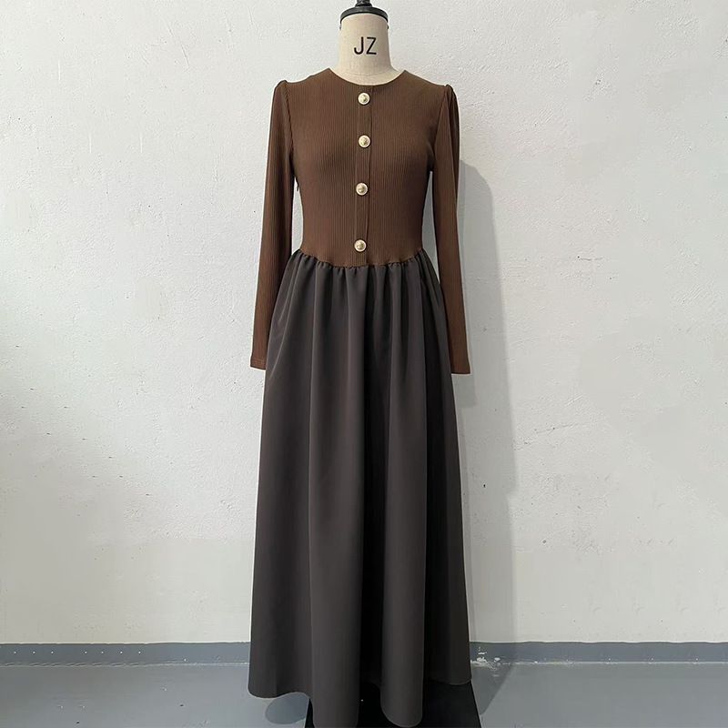 

Autumn New European and American Women clothes Fashion Contrast Color Patchwork Design Sense Long sleeve dress Curry XXL