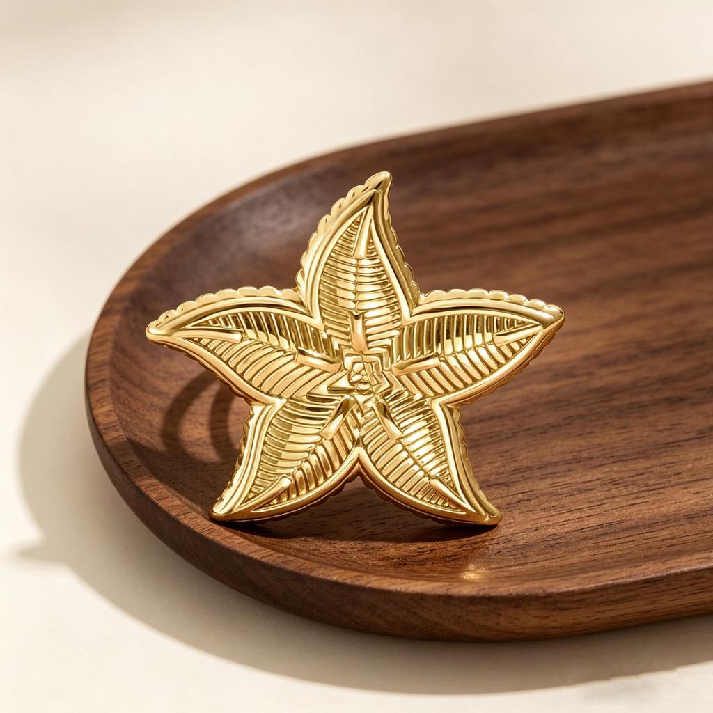 18K Gold Plated Stainless Steel Starfish Ring - Open & Adjustable, Retro Exaggerated Design