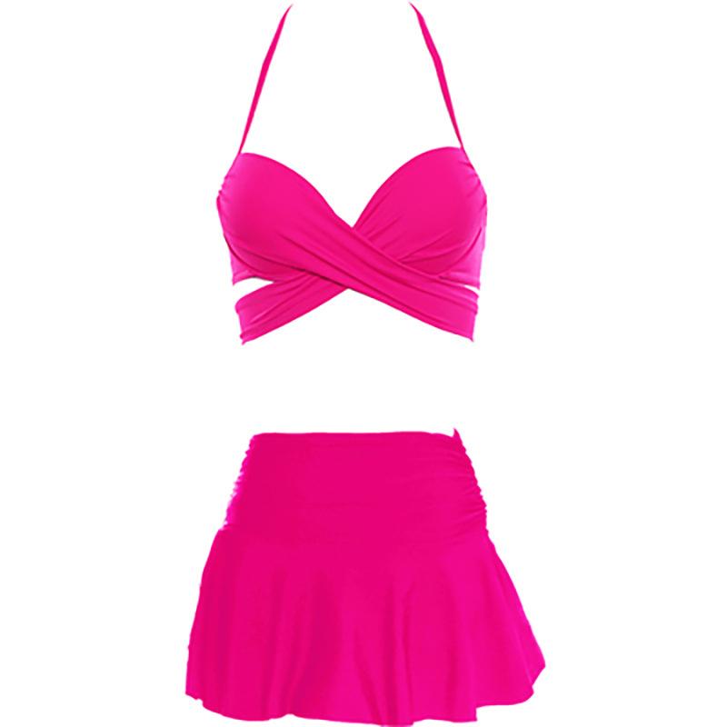 

Ainiferi bikini steel tray gathering chest high waist skirt bikini three-piece set split hot spring women XL рожевий червоний колір