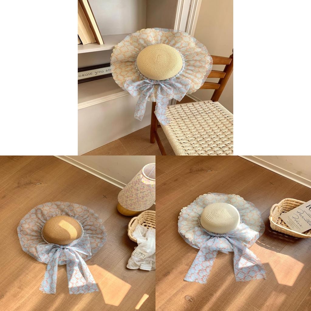 Forest Style Straw Hat With Large Brim And Pearl Butterfly Bow For Summer Beach Sun Protection