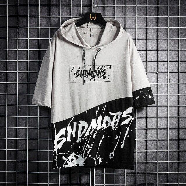 

Летняя мужская футболка, повседневная футболка с коротким рукавом и капюшоном, мужская модная тенденция, короткая футболка в стиле хип-хоп, свободные футболки с принтом, уличная одежда M