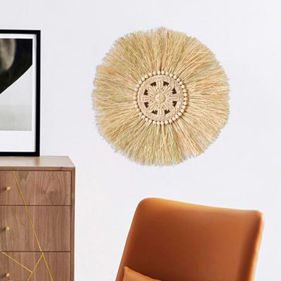 Straw Ornament Creative Vintage Wood Beads Round Woven Macrame Wall Straw Decor for Farmhouse