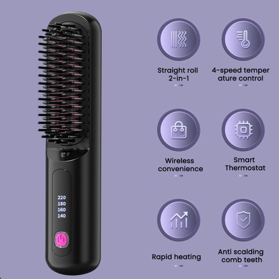 Cordless Hair Straightener Brush with 3 Temperature Settings Portable Mini Hair Straightening Comb Rechargeable Fast