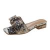 French thick heel cool slippers women's 2025 new summer wear fashion low heel out rhinestone slippers
