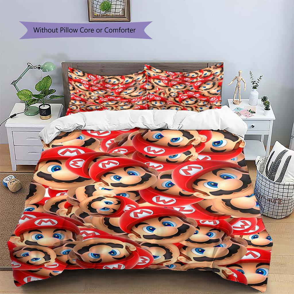 Mario Cartoon Pattern Bedding Home Decoration Birthday Gift ( 1 duvet cover + 2 pillowcase, without core),fan merchandise.