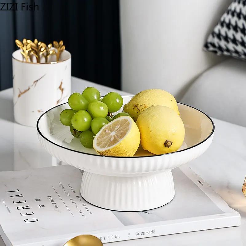 Imitation Marble Ceramic High-footed Fruit Plate Light Luxury Home Living Room Desktop Snack Dessert Plate Creative Tableware
