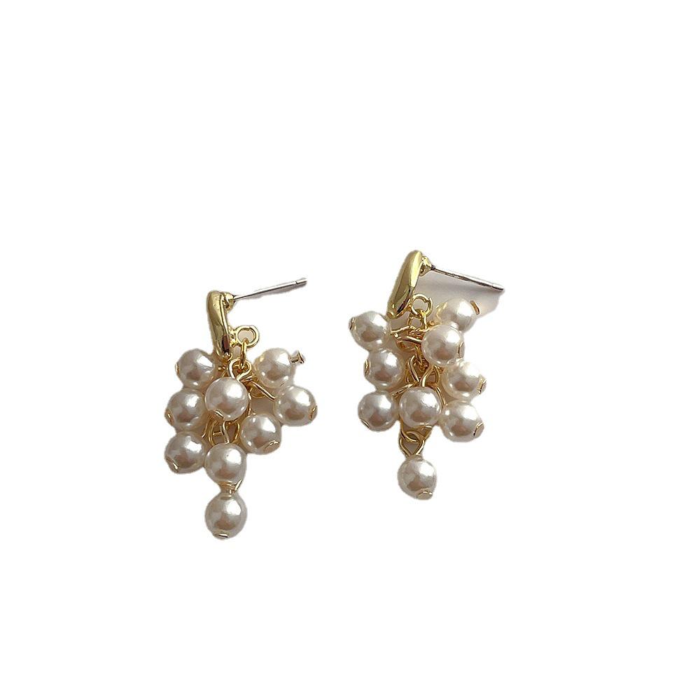 Korea-Inspired Grape Cluster Pearl Tassel Earrings with S925 Silver for Women