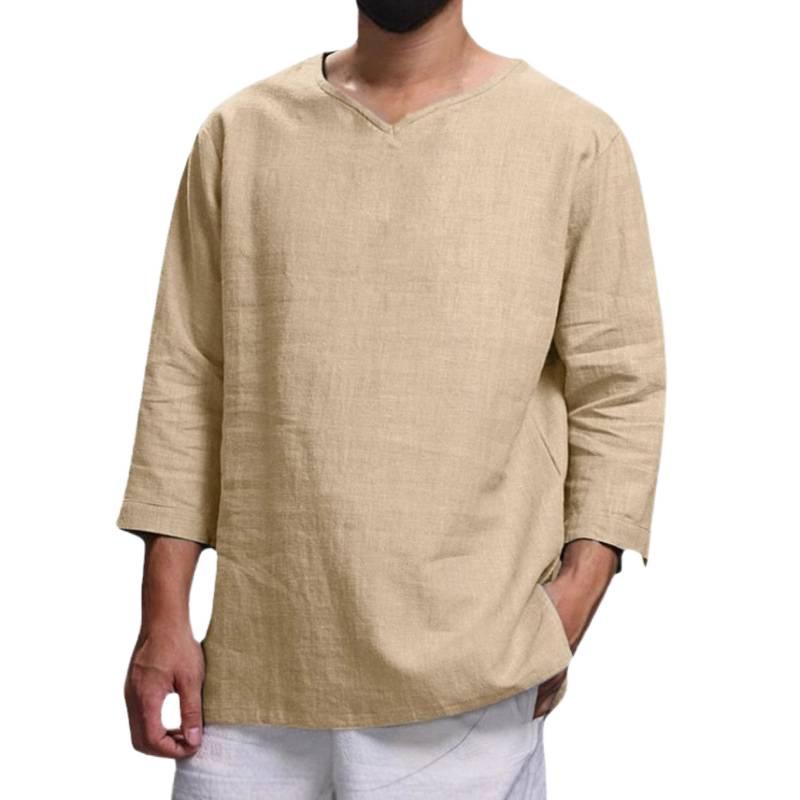 In Stock: Men's Long Sleeve V-neck Cotton Linen Loose Shirt