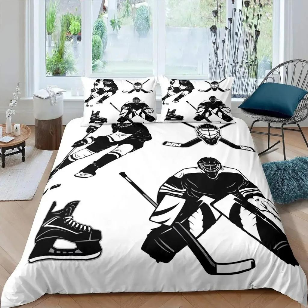 Eishockey Bettbezug-Set Full Queen Größe, Geometrisches Karo Patchwork Stilvolles Bettwäsche-Set, Athlet Wintersport Bettdeckenbezug