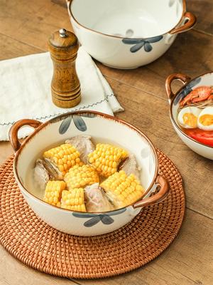 Tablewareset Ceramic Underglaze Color Binaural Round Bowl Household Japanese 10inches Large Capacity Irregular Soup Basin Simple