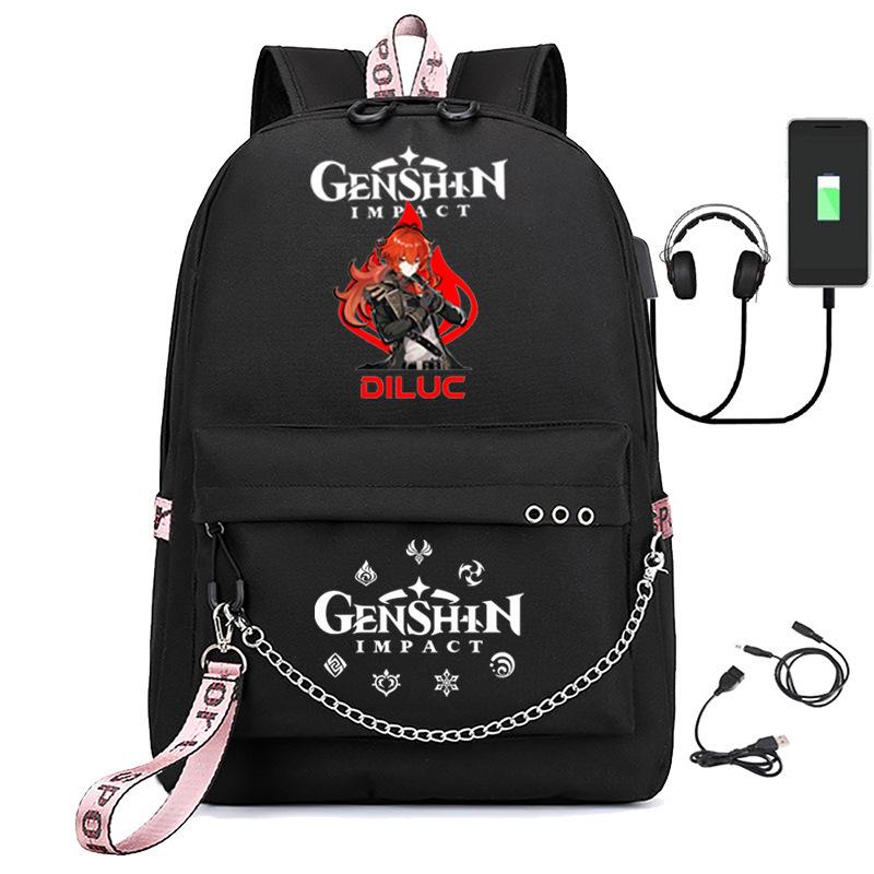 Printed Iron Chain Usbgenshinimpact Yuanshen Backpack Leisure Middle School Student Travel School Bag