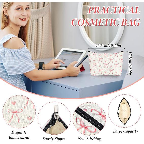 1PCS Pink Coquette Bow Makeup Bag, Cute Makeup Bags, Trendy Preppy Cosmetic Bag Lovely Heart and Bow Make up Pouch with Zipper, Travel Toiletry Bags