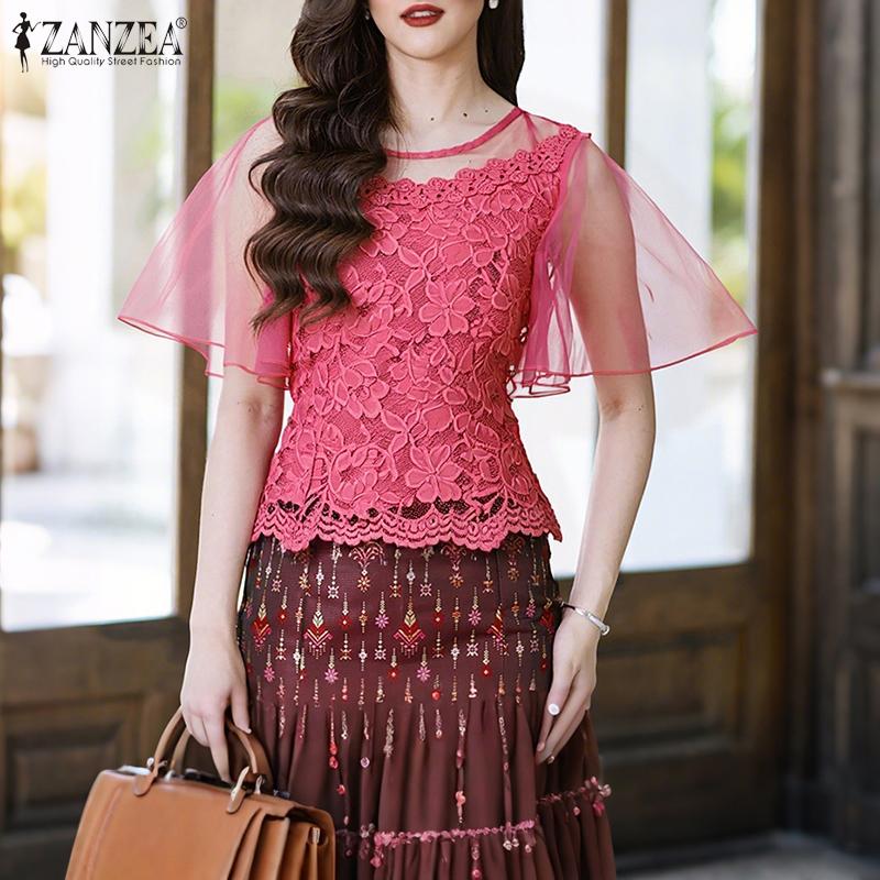 ZANZEA Women Casual Round Neck Ruffles Sleeve Lace Patchwork Blouse