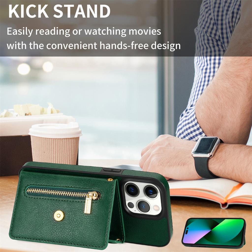 N.BEKUS For iPhone 16 Pro Case Card Slot Zipper Wallet Leather Phone Cover with Shoulder Strap