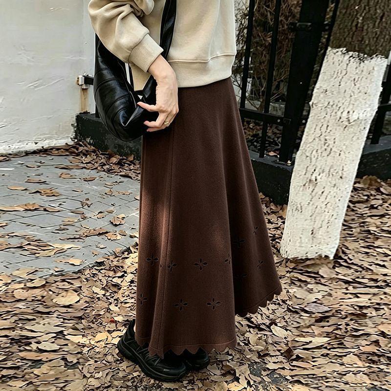 Maternity Knit Skirt Vintage Floral Hollow High Waist A-line Slim Fit Women