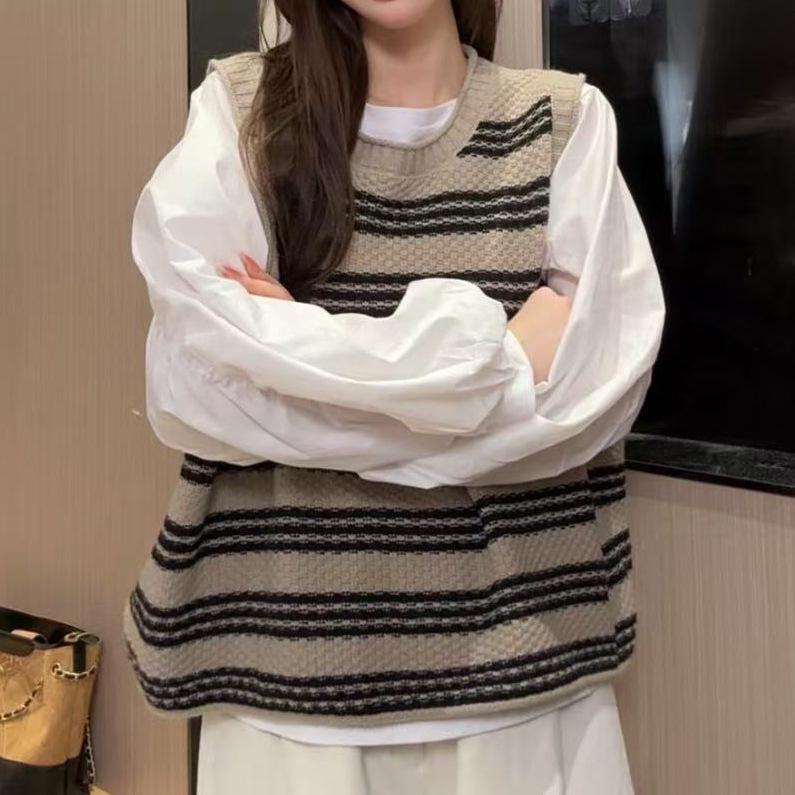 Women's Korean Style Striped Sleeveless Sweater Vest - Color Block Round Neck for Spring & Autumn Layering