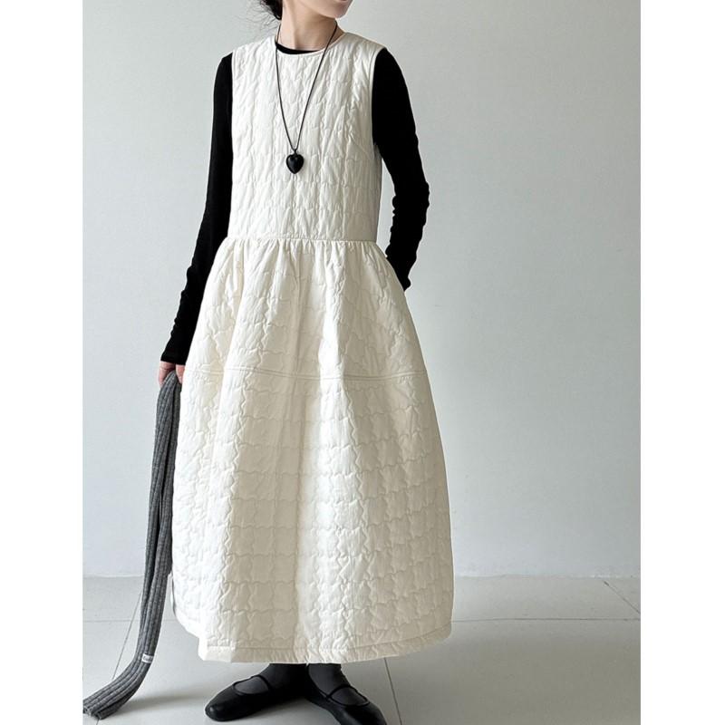 

Johnature Korean-style Thickened Sleeveless Vest Dress For Women Autumn Winter Back Strap Loose Long Casual Women Dresses L бежевый