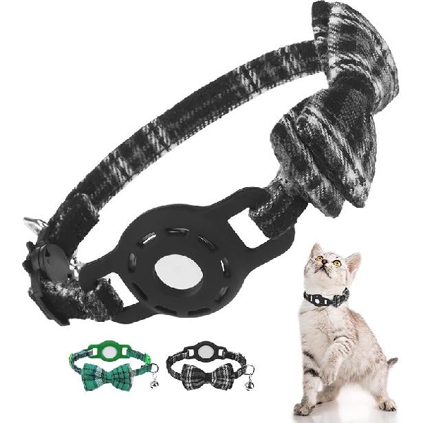 Airtag Cat Collar with Bells and Bowtie -Safety Elastic Band Kitten Collar for Apple Air Tag Holder- Cute GPS Cat Tracker Collars for Girl Boy Cats