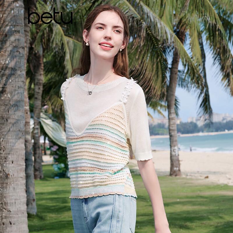 Baitu Women's Striped Short Sleeve Knit Top