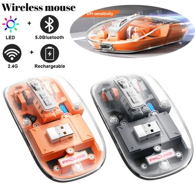 Bluetooth + 2.4GHz Wireless Mouse USB Rechargeable Portable  Transparent Shell with 2400DPI RGB Light Gaming Optical Mouse for PC Laptop Computer