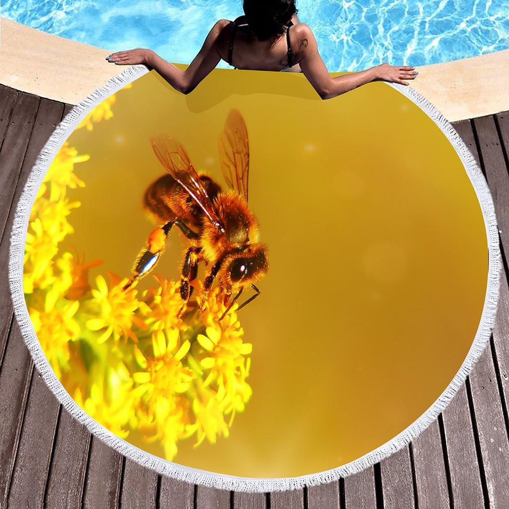 Yellow Bee Round Beach Towel Microfiber Quick Dry Lightweight Cartoon Animal Beach Blanket Throw Roundie Swim Pool Circle Towel