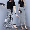 Women's Loose Fit Two-piece Skirt Suit Short Sleeve Crew Neck Tee High Waist Plaid Asymmetrical Midi Skirt Casual Matching Outfit Set