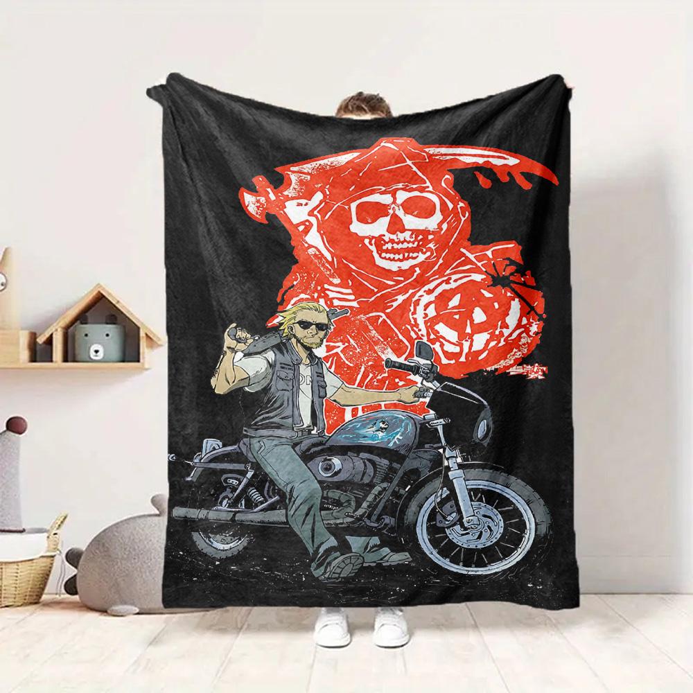 Skull Biker Flannel Blanket Throw Blanket Soft Warm Sofa Bed Camping Home Decor Unique Christmas Gift C921131