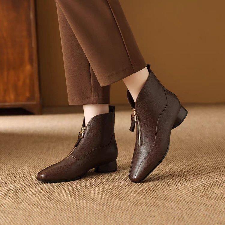 Leather Ankle Boots Women - French Style Zip Front Fashion Boots Slip-Resistant Plush Lined Winter Warm Shoes