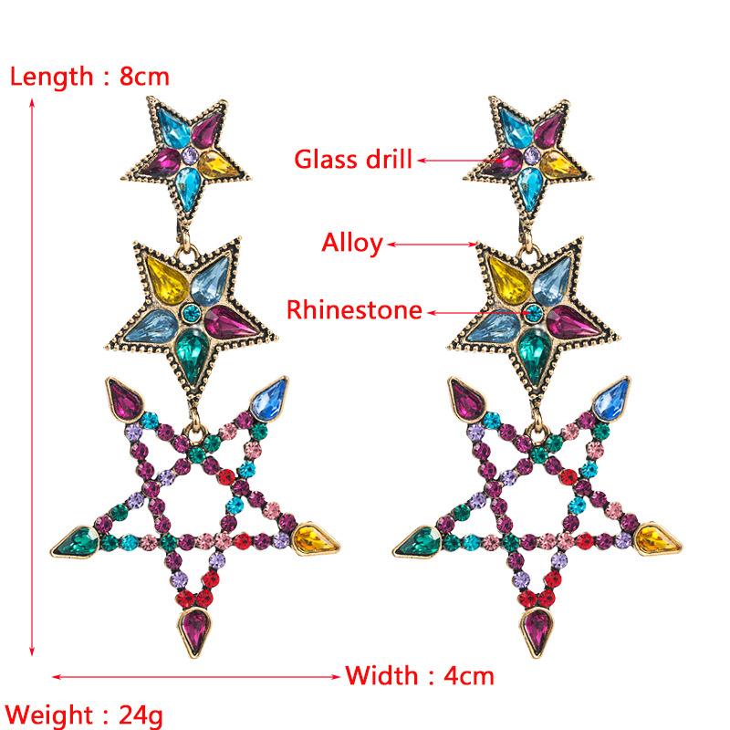 Women's Drop Alloy Strar Hollow Inlaid Color Crystal Geometric Creative Temperament High Quality Earrings