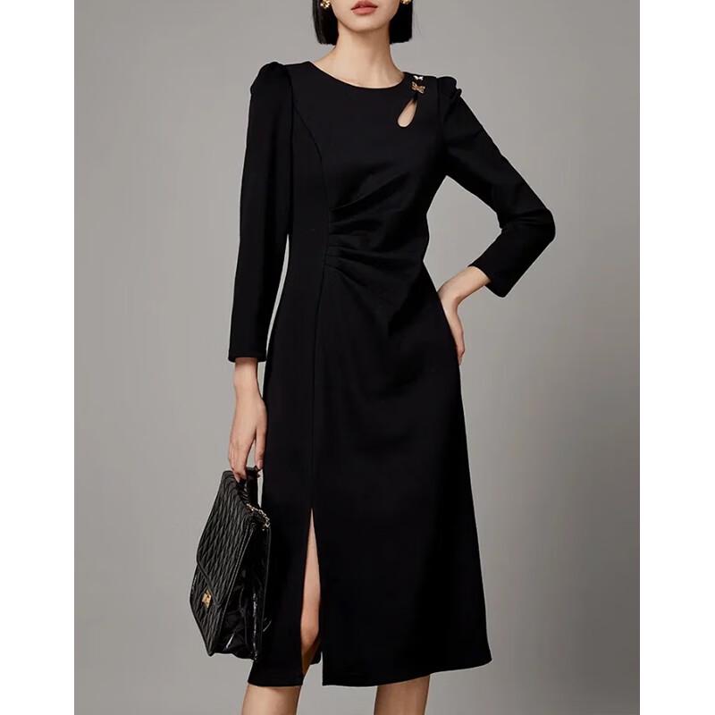 Rochie Midi Elegantă cu Mânecă Lungă și Decolteu