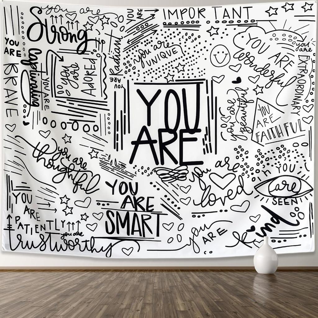 KJHL Quote You Are Wall Tapestry Black and White Inspirational Classroom Kids Tapestries Wall Hanging Motivational Positive Affi