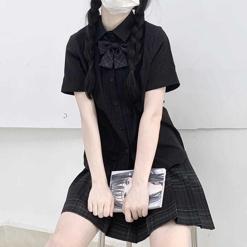 

Оригинальная плиссированная школьная рубашка JK черного и белого цвета - Заостренный воротник, Унисекс, Короткий рукав M