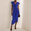 Elegant High-Waisted Solid Color Evening Dress Women Square Neck Fly Sleeve Pleated Midi Length