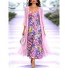 Women's V Neck Floral Print Maxi Dress Two Piece 3/4 Sleeve Chiffon Cardigan Elegant Casual Sundress Outfit Set