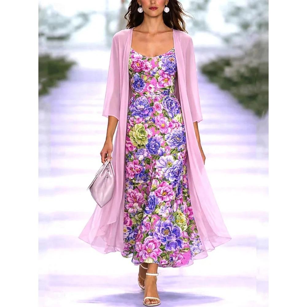 Women's V Neck Floral Print Maxi Dress Two Piece 3/4 Sleeve Chiffon Cardigan Elegant Casual Sundress Outfit Set