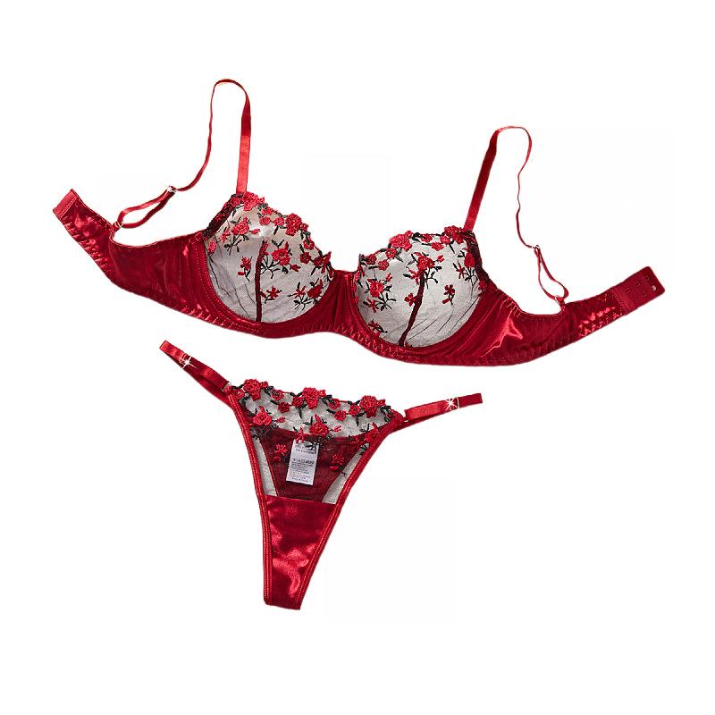 European-American Sexy Lingerie: Red Velvet Rose Embroidered Push-Up Bra & Panty Set