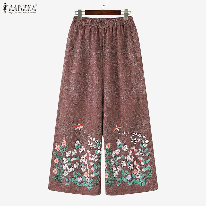 ZANZEA Dámské ležérní kalhoty s elastickým pasem, volné, s květinovým potiskem