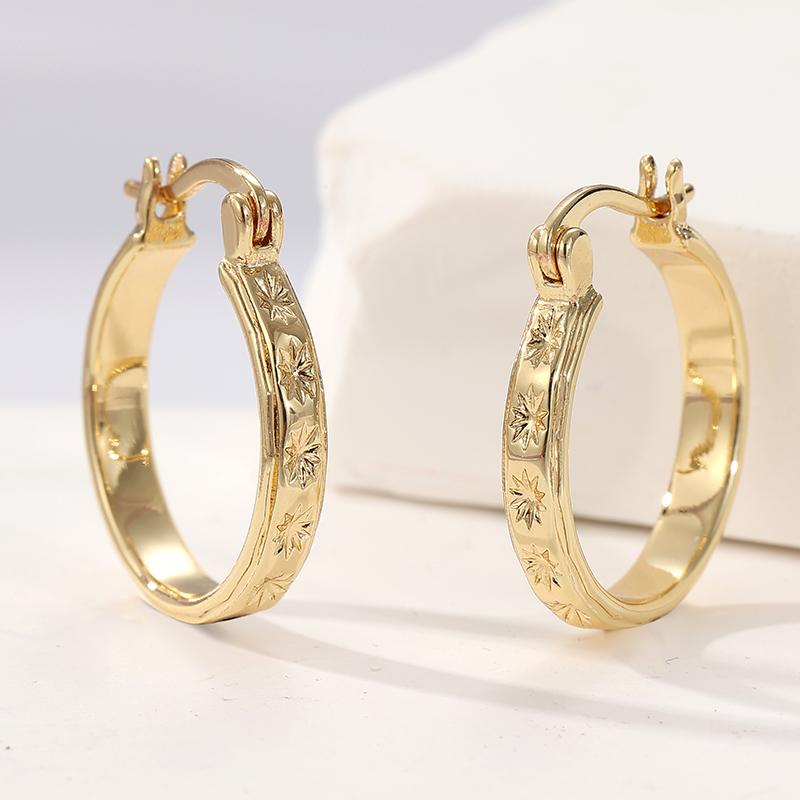 Vintage Copper Material Hand Carved Star Pattern Golden Plated Hoop Earrings for Women's  Concise Party Festival Jewelry