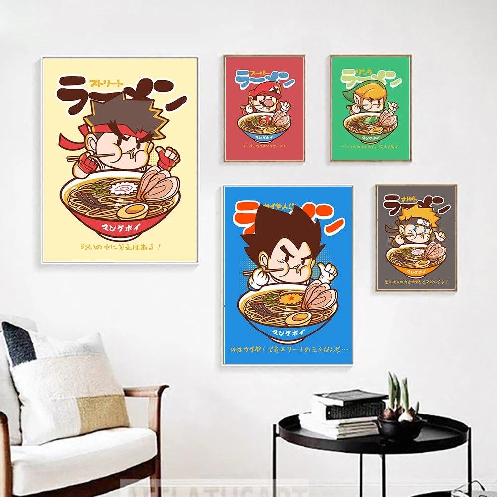 Japanese Anime Cartoon Character Ramen Food Wall Art Prints Funny Noodles Poster Kitchen Art Canvas Painting Pictures Home Decor No Frame