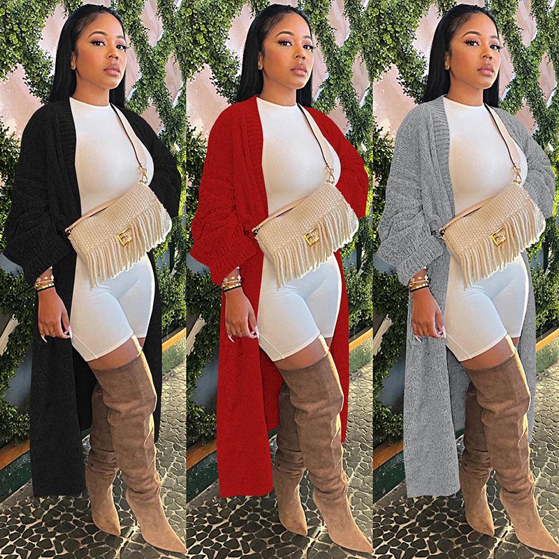 European & American Women's Solid Color Long Knit Cardigan - Nightclub & Casual Style